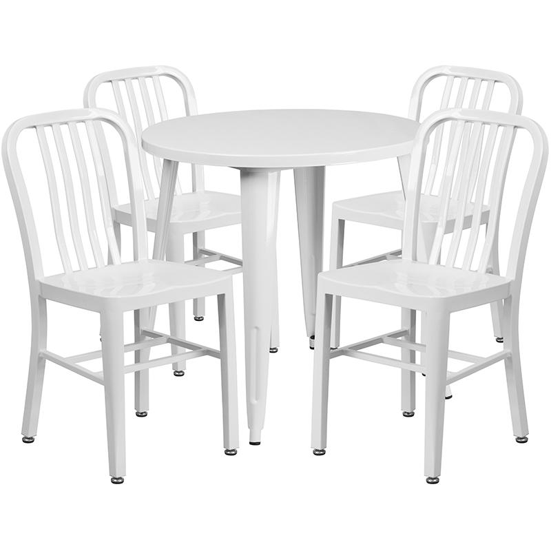 Flash Furniture 30” Round White Metal Indoor-Outdoor Table Set with 4 Vertical Slat Back Chairs – CH-51090TH-4-18VRT-WH-GG Sale