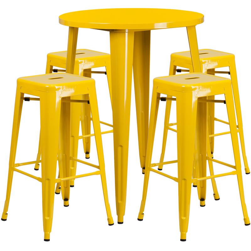 Flash Furniture 30” Round Yellow Metal Indoor-Outdoor Bar Table Set with 4 Square Seat Backless Stools – CH-51090BH-4-30SQST-YL-GG Fashion