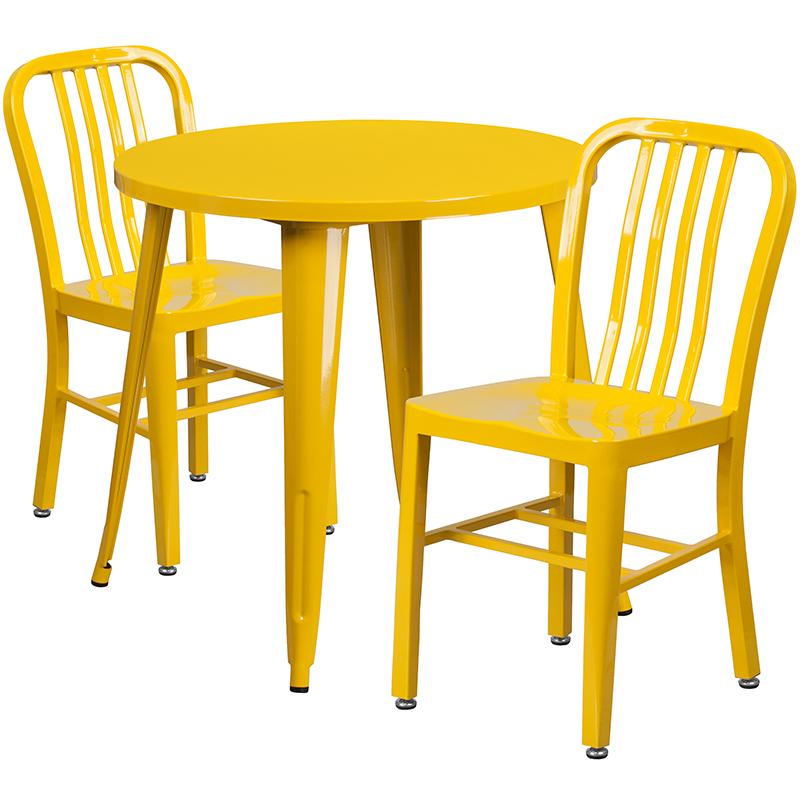 Flash Furniture 30” Round Yellow Metal Indoor-Outdoor Table Set with 2 Vertical Slat Back Chairs – CH-51090TH-2-18VRT-YL-GG Sale