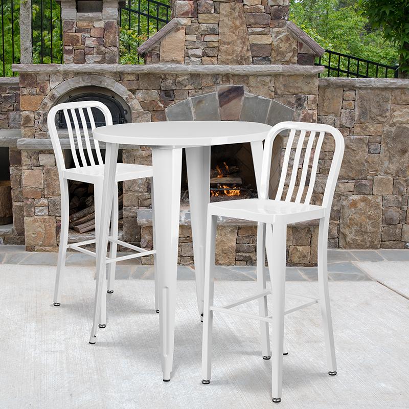 Flash Furniture 30” Round White Metal Indoor-Outdoor Bar Table Set with 2 Vertical Slat Back Stools – CH-51090BH-2-30VRT-WH-GG Online