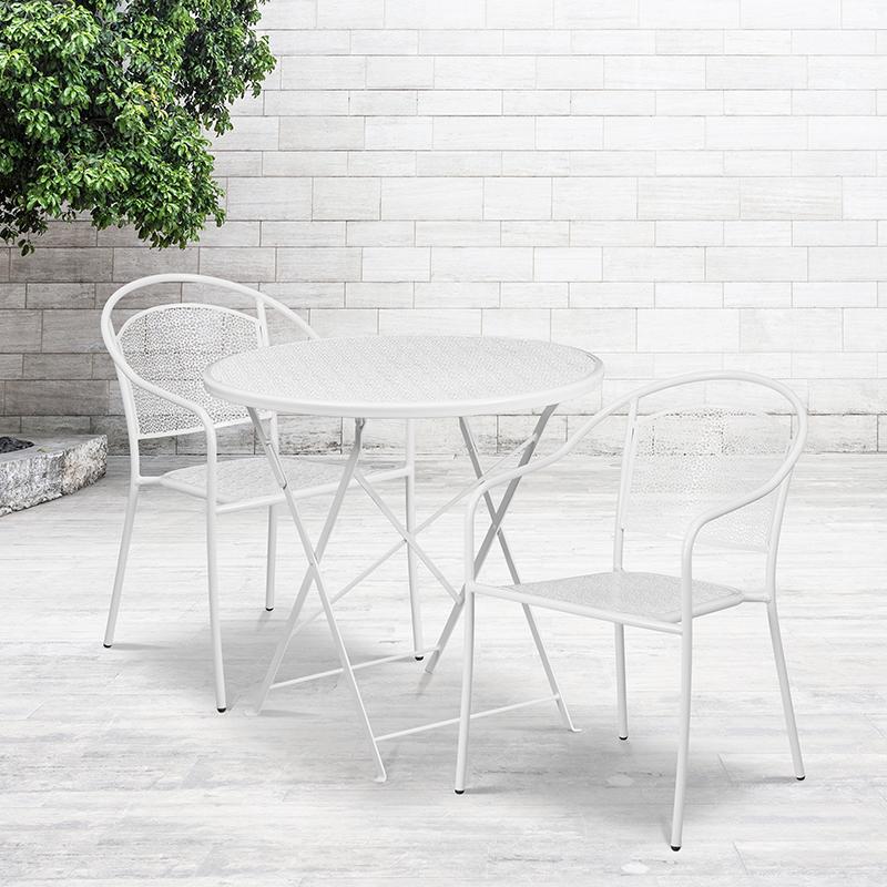Flash Furniture 30” Round White Indoor-Outdoor Steel Folding Patio Table Set with 2 Round Back Chairs – CO-30RDF-03CHR2-WH-GG Online