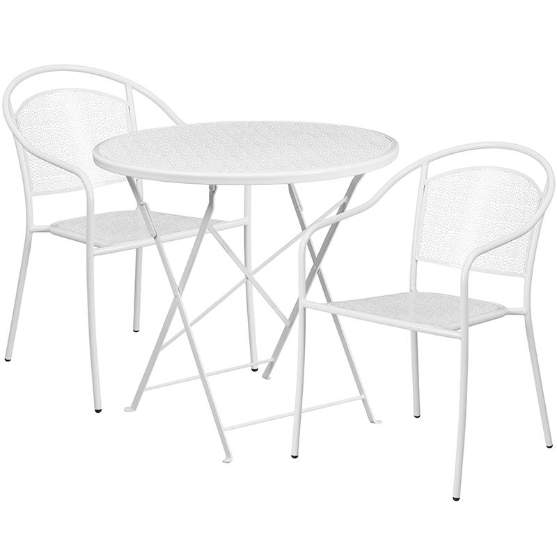Flash Furniture 30” Round White Indoor-Outdoor Steel Folding Patio Table Set with 2 Round Back Chairs – CO-30RDF-03CHR2-WH-GG Online