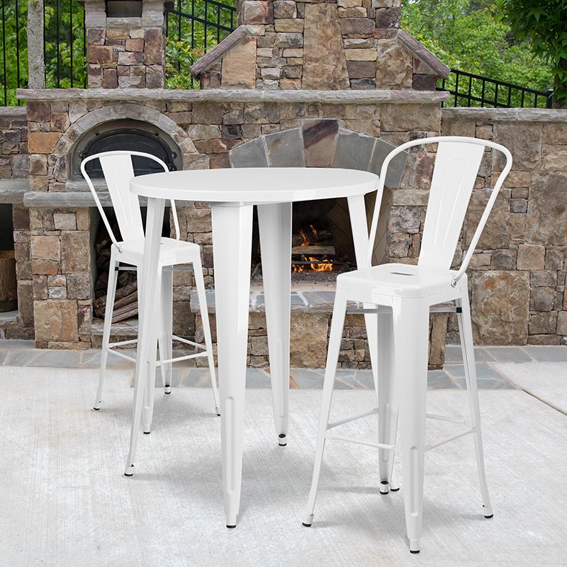 Flash Furniture 30” Round White Metal Indoor-Outdoor Bar Table Set with 2 Cafe Stools – CH-51090BH-2-30CAFE-WH-GG Sale