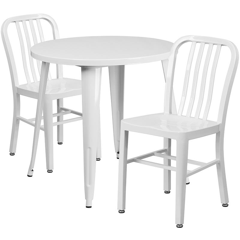 Flash Furniture 30” Round White Metal Indoor-Outdoor Table Set with 2 Vertical Slat Back Chairs – CH-51090TH-2-18VRT-WH-GG Sale