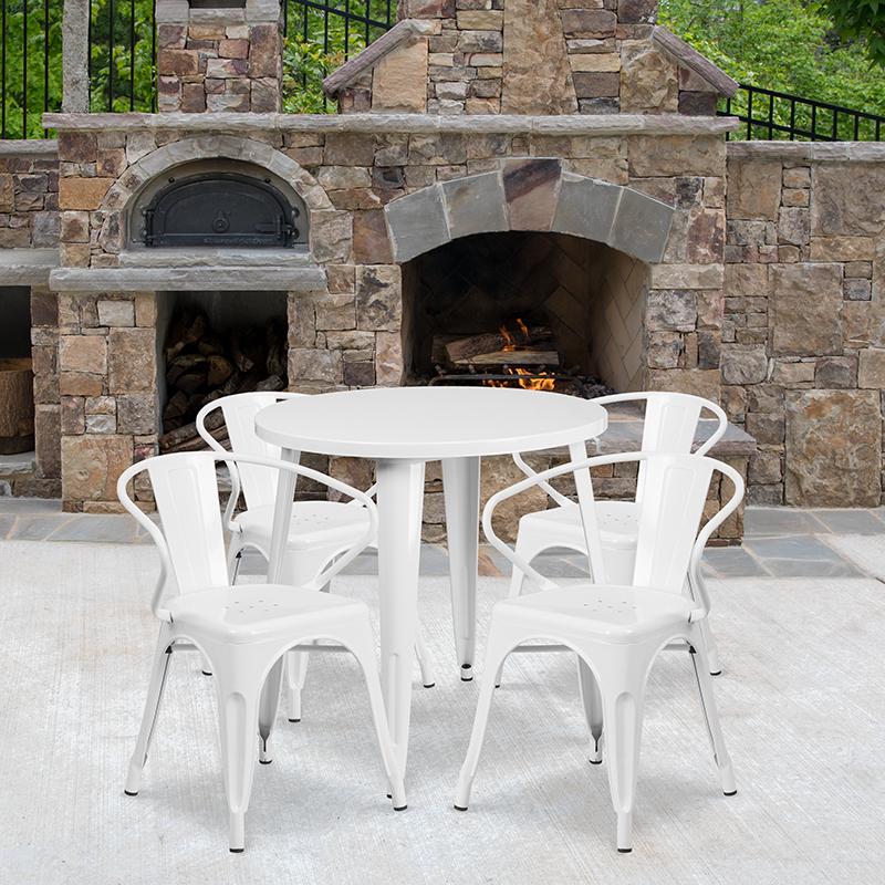 Flash Furniture 30” Round White Metal Indoor-Outdoor Table Set with 4 Arm Chairs – CH-51090TH-4-18ARM-WH-GG Online now