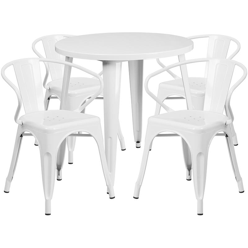 Flash Furniture 30” Round White Metal Indoor-Outdoor Table Set with 4 Arm Chairs – CH-51090TH-4-18ARM-WH-GG Online now