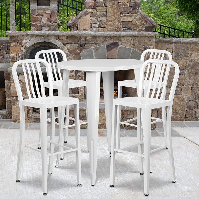 Flash Furniture 30” Round White Metal Indoor-Outdoor Bar Table Set with 4 Vertical Slat Back Stools – CH-51090BH-4-30VRT-WH-GG Supply
