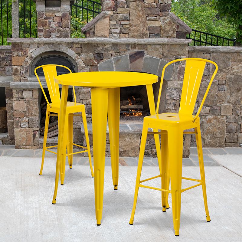 Flash Furniture 30” Round Yellow Metal Indoor-Outdoor Bar Table Set with 2 Cafe Stools – CH-51090BH-2-30CAFE-YL-GG Online Sale
