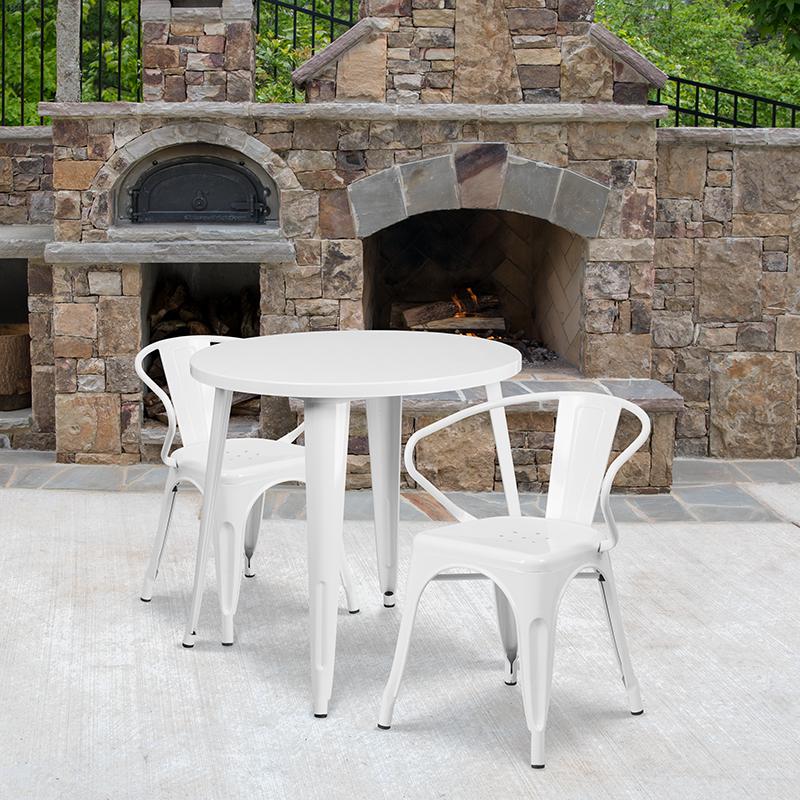 Flash Furniture 30” Round White Metal Indoor-Outdoor Table Set with 2 Arm Chairs – CH-51090TH-2-18ARM-WH-GG Online Sale
