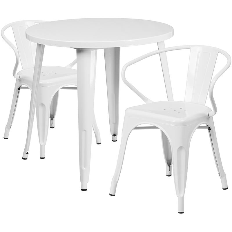 Flash Furniture 30” Round White Metal Indoor-Outdoor Table Set with 2 Arm Chairs – CH-51090TH-2-18ARM-WH-GG Online Sale