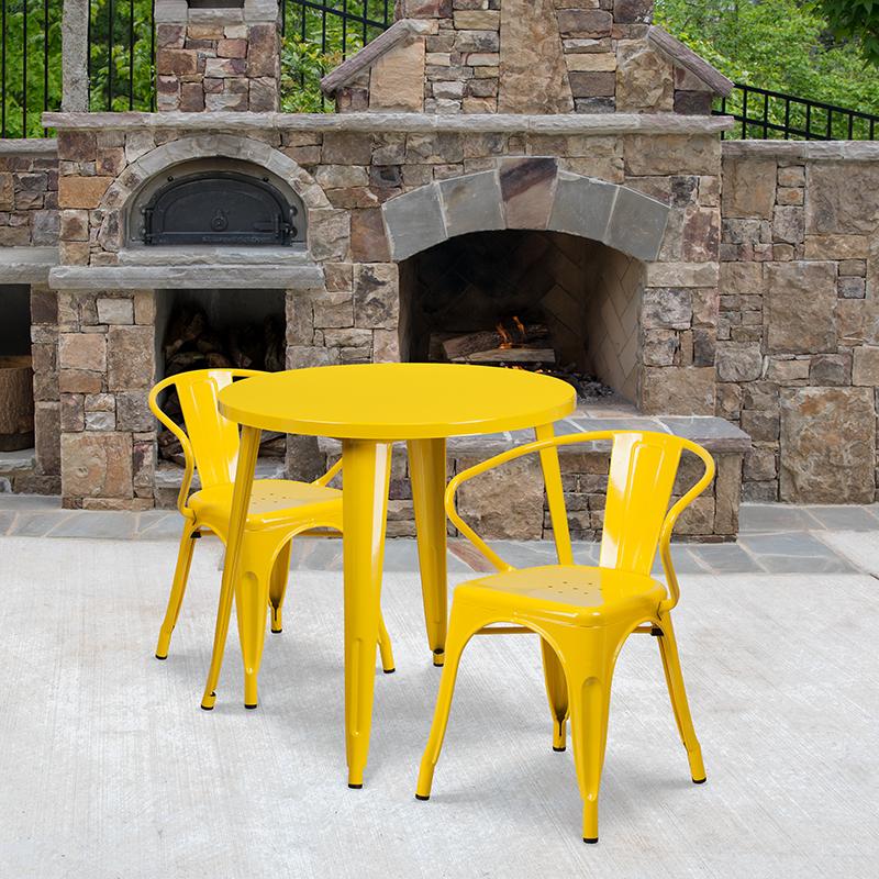 Flash Furniture 30” Round Yellow Metal Indoor-Outdoor Table Set with 2 Arm Chairs – CH-51090TH-2-18ARM-YL-GG Supply