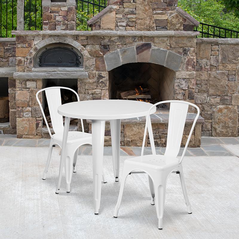 Flash Furniture 30” Round White Metal Indoor-Outdoor Table Set with 2 Cafe Chairs – CH-51090TH-2-18CAFE-WH-GG Online