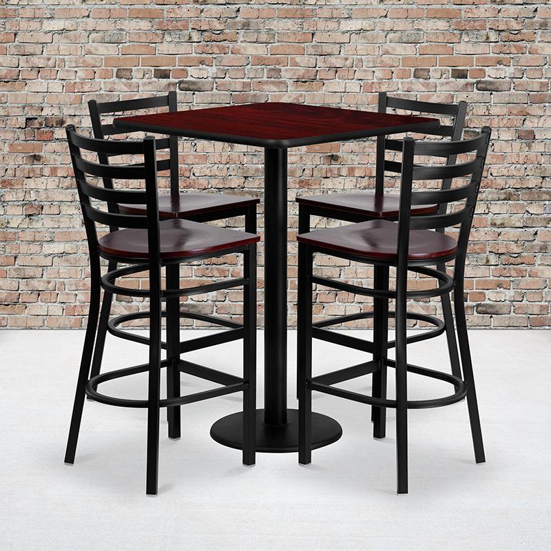 Flash Furniture 30” Square Mahogany Laminate Table Set with 4 Ladder Back Metal Barstools – Mahogany Wood Seat – MD-0014-GG Online now