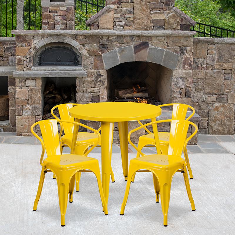 Flash Furniture 30” Round Yellow Metal Indoor-Outdoor Table Set with 4 Arm Chairs – CH-51090TH-4-18ARM-YL-GG Hot on Sale
