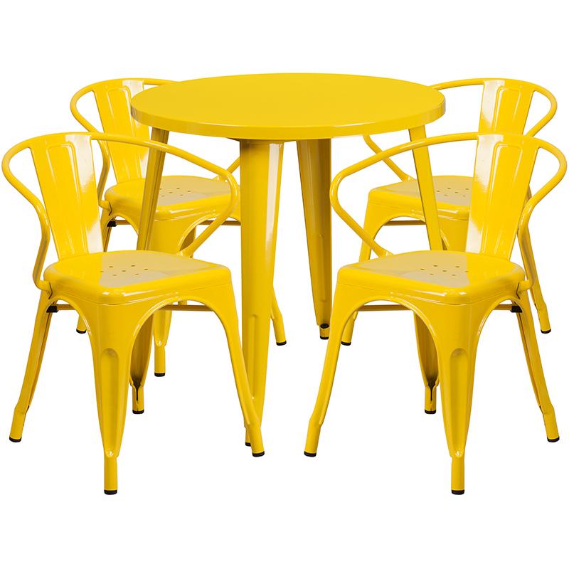Flash Furniture 30” Round Yellow Metal Indoor-Outdoor Table Set with 4 Arm Chairs – CH-51090TH-4-18ARM-YL-GG Hot on Sale