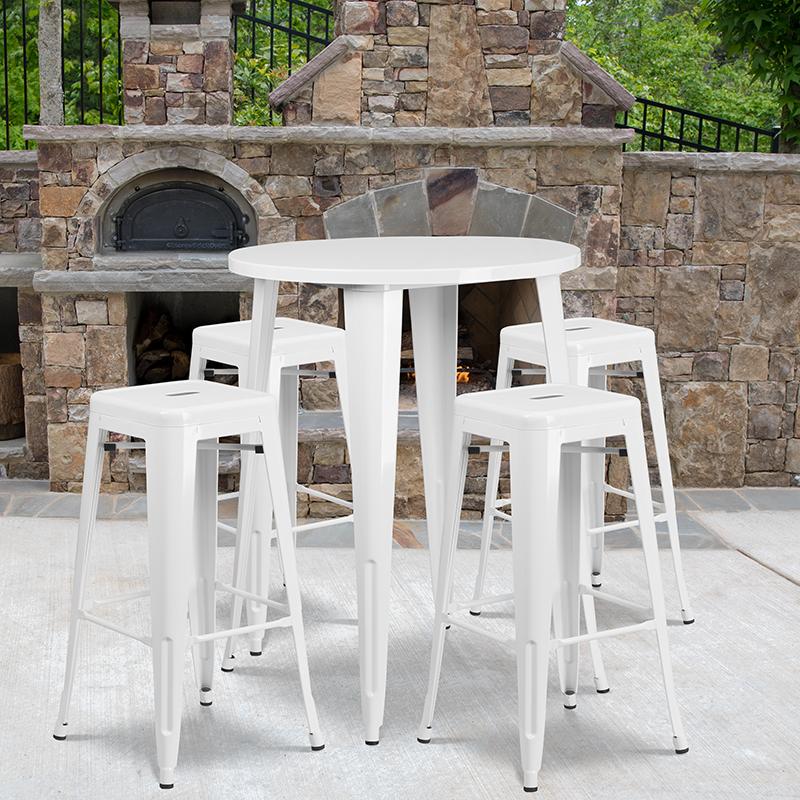 Flash Furniture 30” Round White Metal Indoor-Outdoor Bar Table Set with 4 Square Seat Backless Stools – CH-51090BH-4-30SQST-WH-GG Hot on Sale