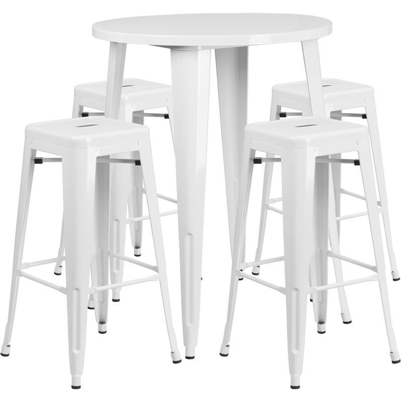 Flash Furniture 30” Round White Metal Indoor-Outdoor Bar Table Set with 4 Square Seat Backless Stools – CH-51090BH-4-30SQST-WH-GG Hot on Sale