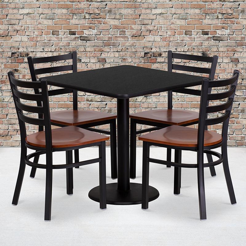 Flash Furniture 30” Square Black Laminate Table Set with 4 Ladder Back Metal Chairs – Cherry Wood Seat – MD-0003-GG Fashion