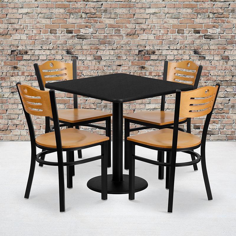 Flash Furniture 30” Square Black Laminate Table Set with 4 Wood Slat Back Metal Chairs – Natural Wood Seat – MD-0010-GG on Sale