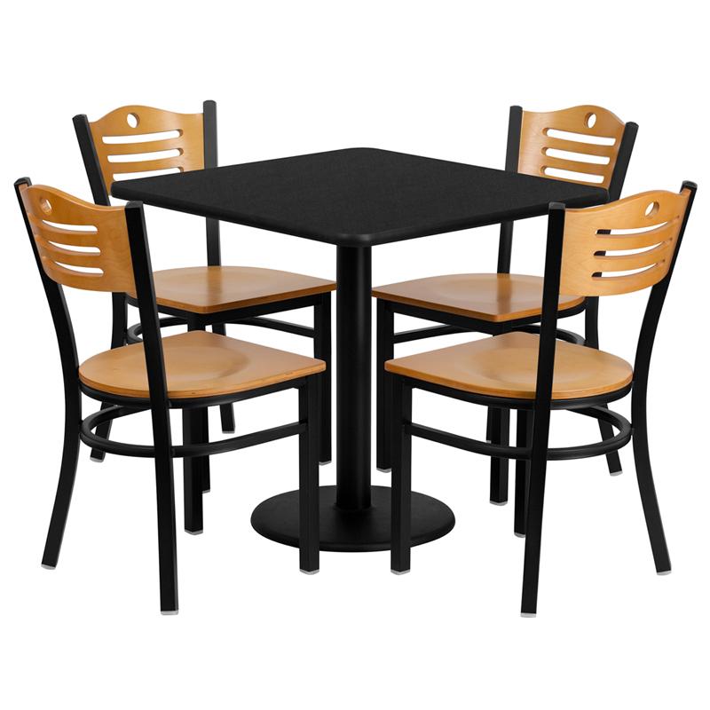 Flash Furniture 30” Square Black Laminate Table Set with 4 Wood Slat Back Metal Chairs – Natural Wood Seat – MD-0010-GG on Sale