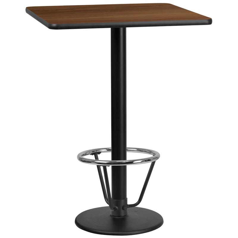 Flash Furniture 30” Square Walnut Laminate Table Top with 18” Round Bar Height Table Base and Foot Ring – XU-WALTB-3030-TR18B-3CFR-GG Hot on Sale