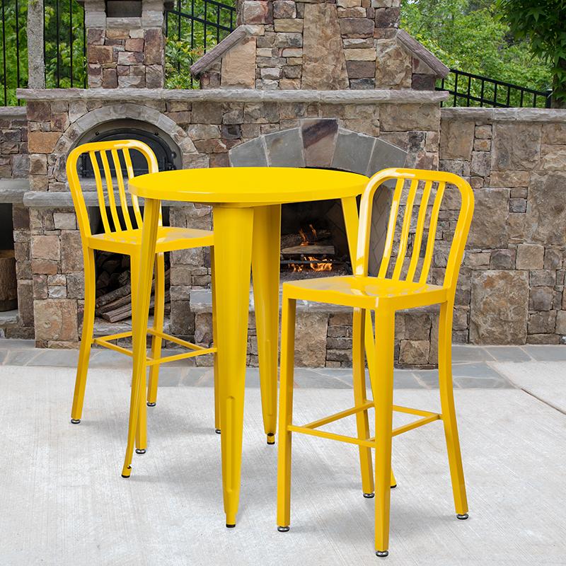 Flash Furniture 30” Round Yellow Metal Indoor-Outdoor Bar Table Set with 2 Vertical Slat Back Stools – CH-51090BH-2-30VRT-YL-GG Supply