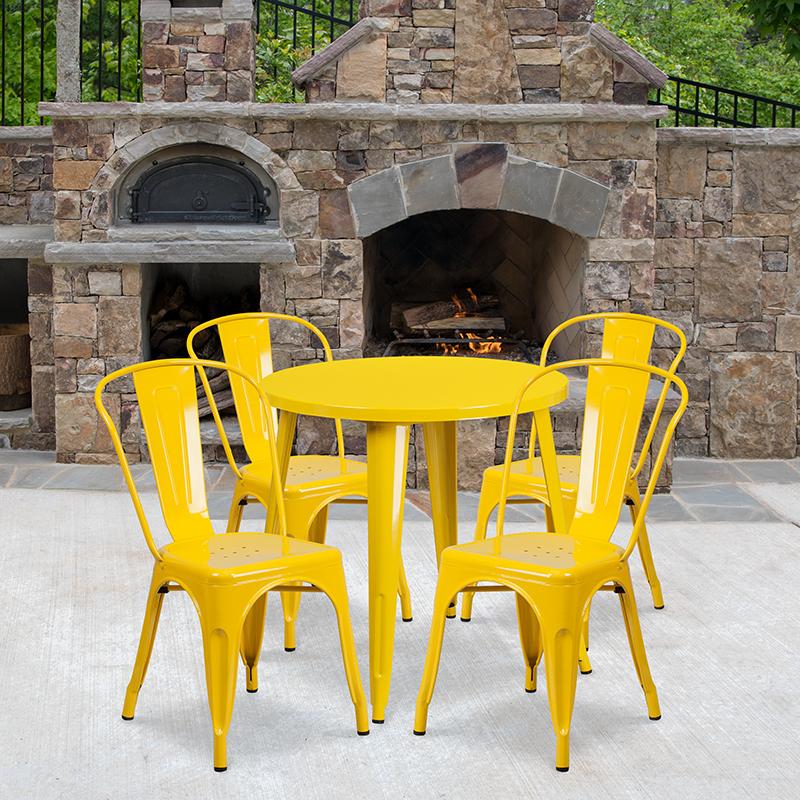 Flash Furniture 30” Round Yellow Metal Indoor-Outdoor Table Set with 4 Cafe Chairs – CH-51090TH-4-18CAFE-YL-GG Online now