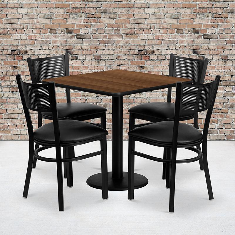 Flash Furniture 30” Square Walnut Laminate Table Set with 4 Grid Back Metal Chairs – Black Vinyl Seat – MD-0005-GG on Sale