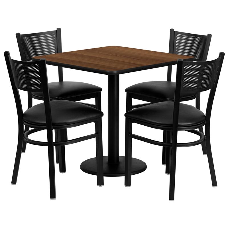 Flash Furniture 30” Square Walnut Laminate Table Set with 4 Grid Back Metal Chairs – Black Vinyl Seat – MD-0005-GG on Sale