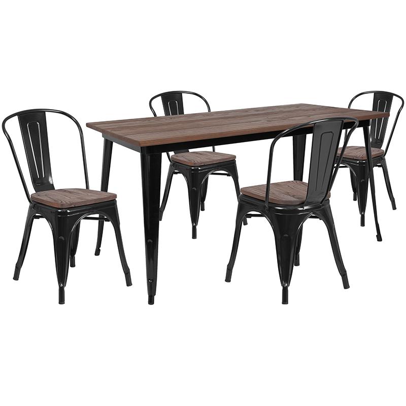 Flash Furniture 30.25″ x 60″ Black Metal Table Set with Wood Top and 4 Stack Chairs – CH-WD-TBCH-27-GG Online