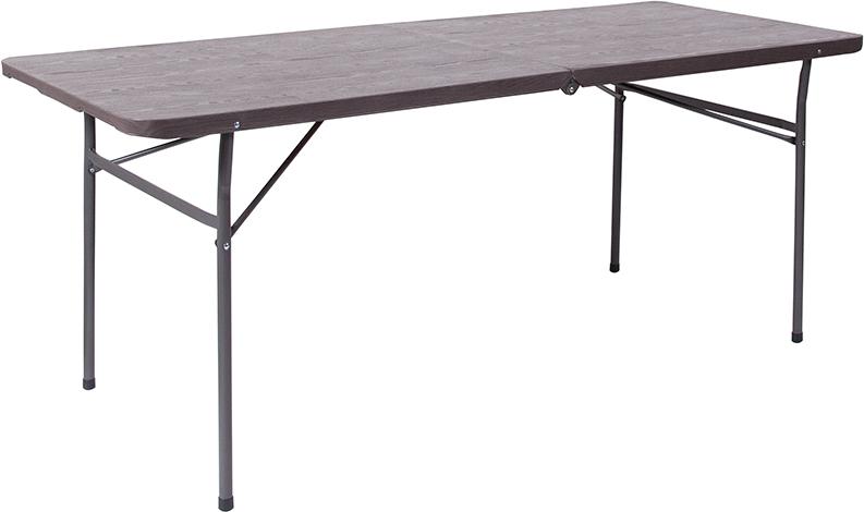 Flash Furniture 30”W x 72”L Bi-Fold Brown Wood Grain Plastic Folding Table with Carrying Handle – DAD-LF-183Z-GG on Sale