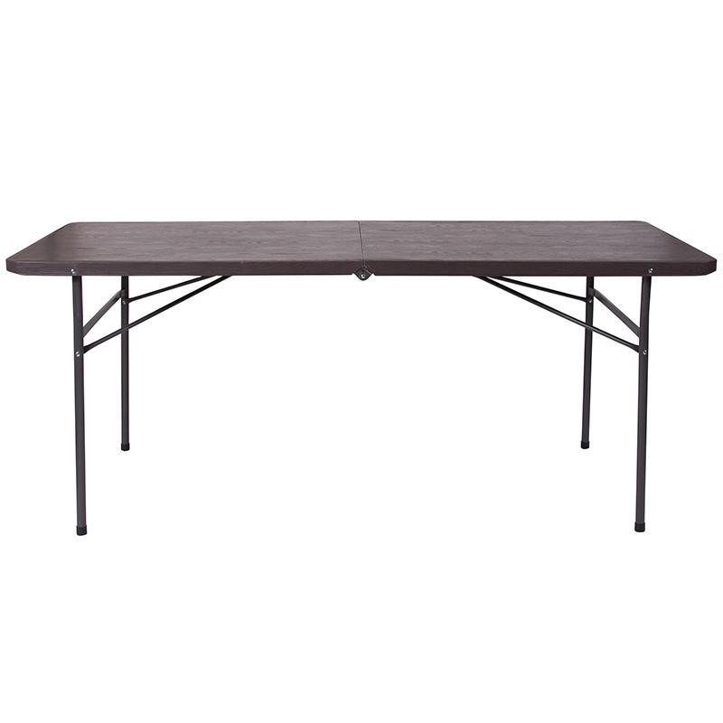 Flash Furniture 30”W x 72”L Bi-Fold Brown Wood Grain Plastic Folding Table with Carrying Handle – DAD-LF-183Z-GG on Sale