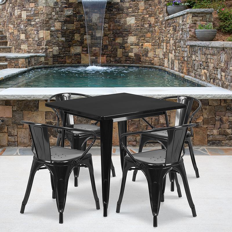 Flash Furniture 31.5” Square Black Metal Indoor-Outdoor Table Set with 4 Arm Chairs – ET-CT002-4-70-BK-GG Hot on Sale