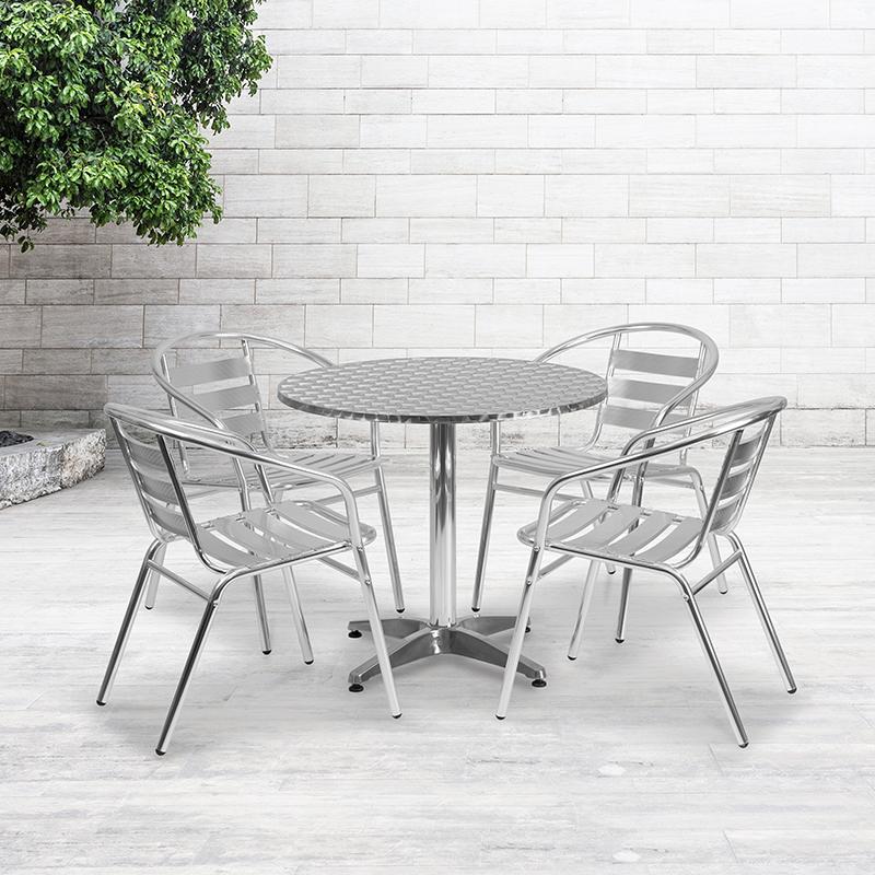 Flash Furniture 31.5” Round Aluminum Indoor-Outdoor Table Set with 4 Slat Back Chairs – TLH-ALUM-32RD-017BCHR4-GG Supply