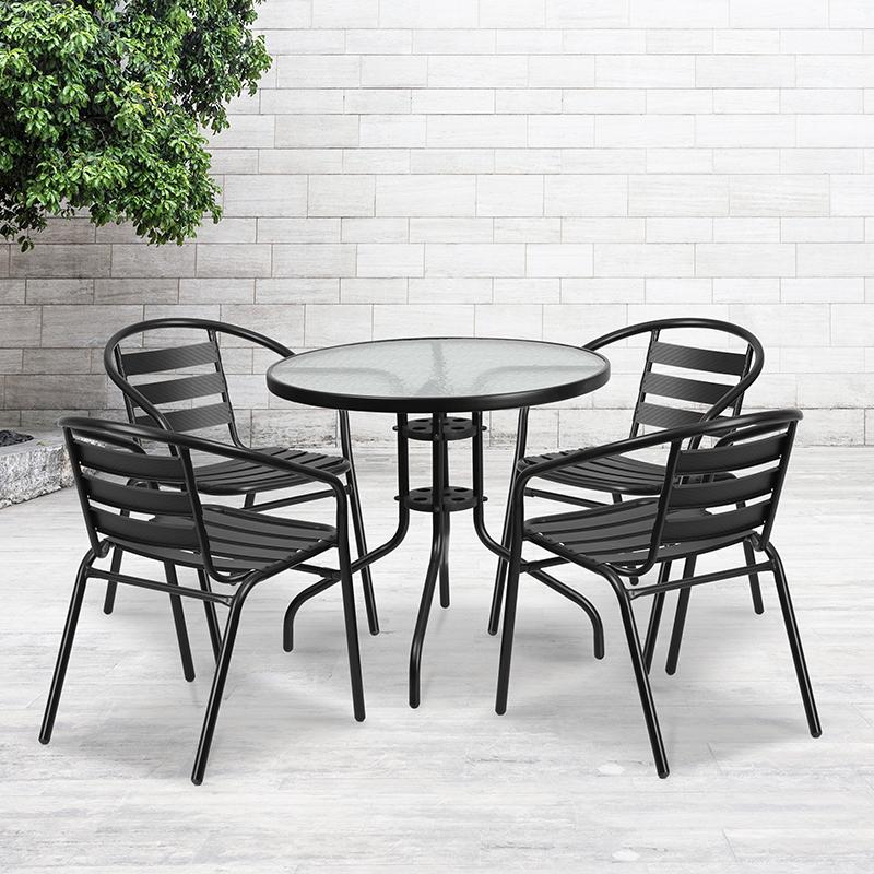 Flash Furniture 31.5” Round Glass Metal Table with 4 Black Metal Aluminum Slat Stack Chairs – TLH-072RD-017CBK4-GG Online now