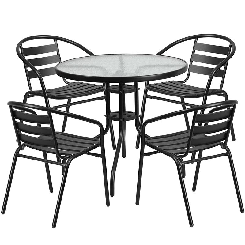 Flash Furniture 31.5” Round Glass Metal Table with 4 Black Metal Aluminum Slat Stack Chairs – TLH-072RD-017CBK4-GG Online now