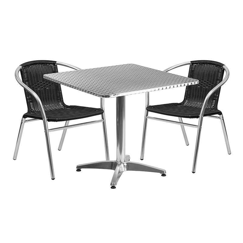 Flash Furniture 31.5” Square Aluminum Indoor-Outdoor Table Set with 2 Black Rattan Chairs – TLH-ALUM-32SQ-020BKCHR2-GG Online Hot Sale