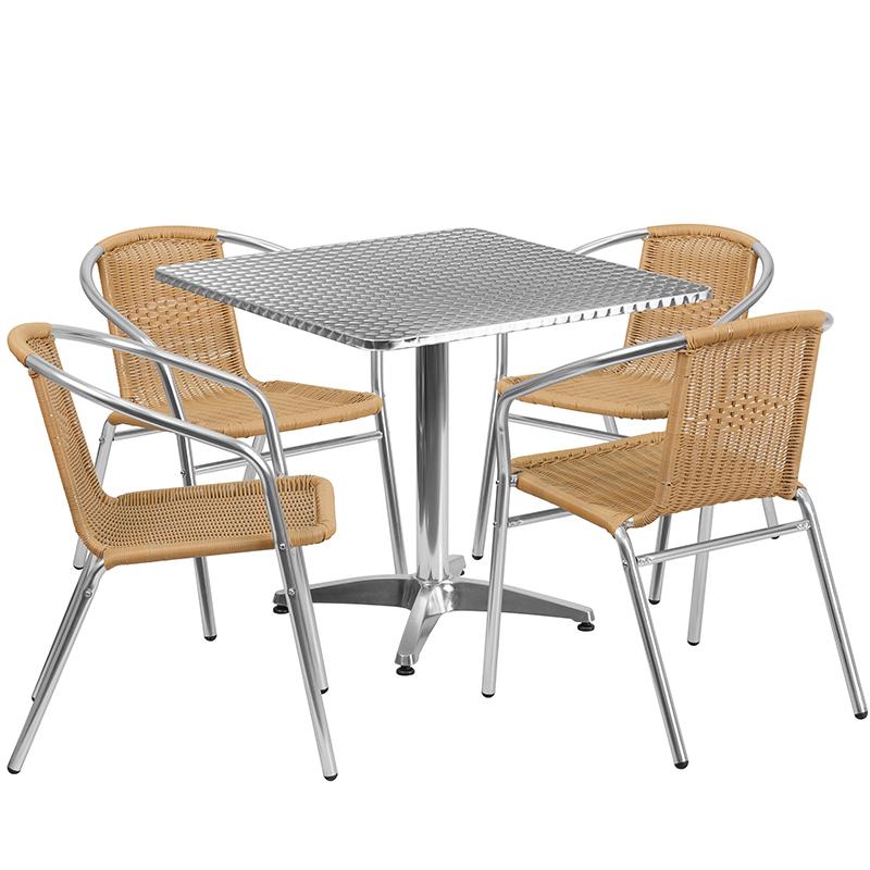 Flash Furniture 31.5” Square Aluminum Indoor-Outdoor Table Set with 4 Beige Rattan Chairs – TLH-ALUM-32SQ-020BGECHR4-GG Online now