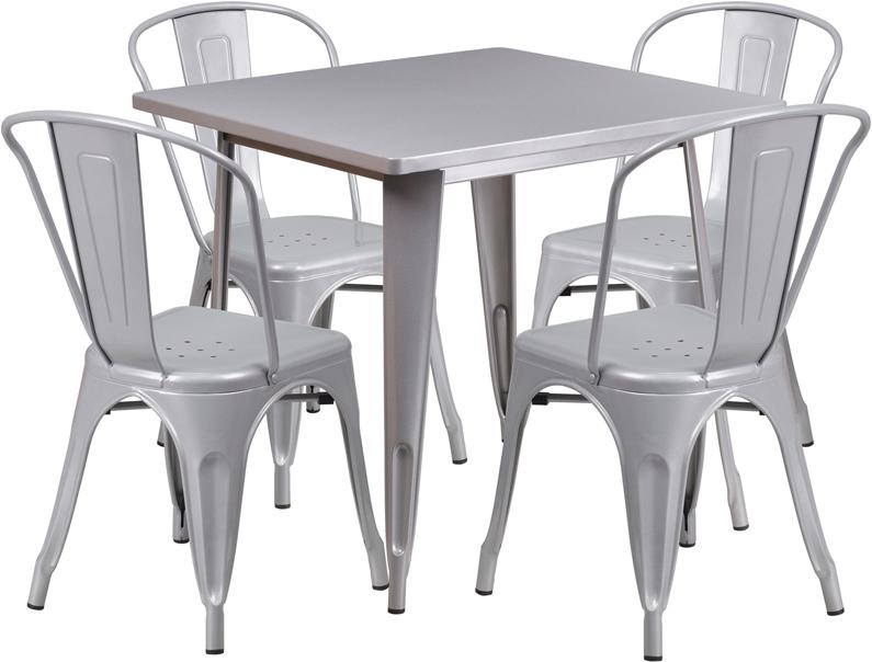 Flash Furniture 31.5” Square Silver Metal Indoor-Outdoor Table Set with 4 Stack Chairs – ET-CT002-4-30-SIL-GG Discount