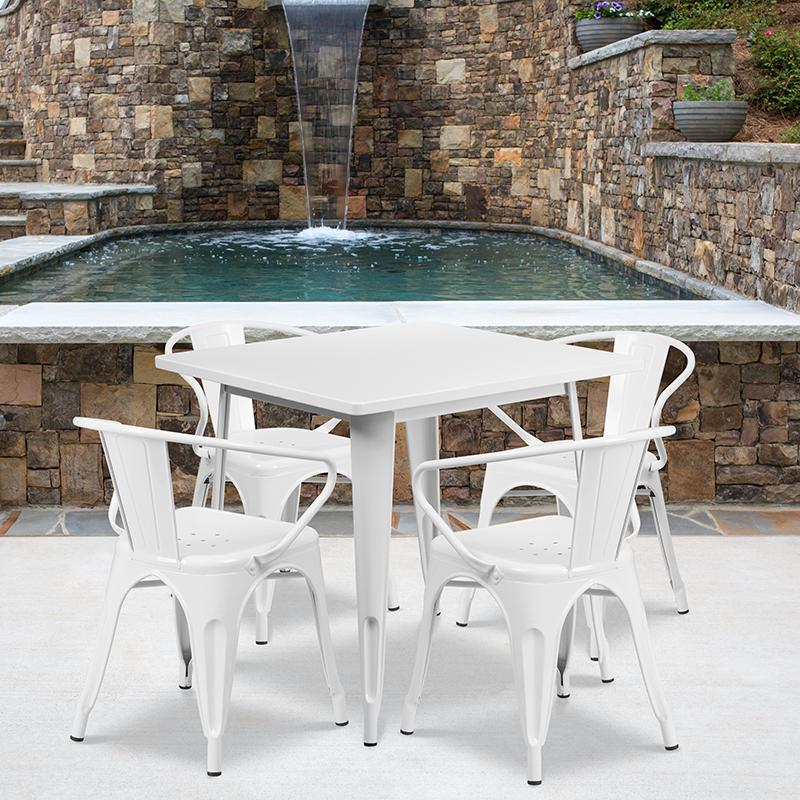 Flash Furniture 31.5” Square White Metal Indoor-Outdoor Table Set with 4 Arm Chairs – ET-CT002-4-70-WH-GG Online Hot Sale