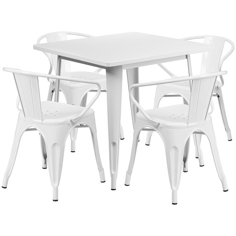 Flash Furniture 31.5” Square White Metal Indoor-Outdoor Table Set with 4 Arm Chairs – ET-CT002-4-70-WH-GG Online Hot Sale