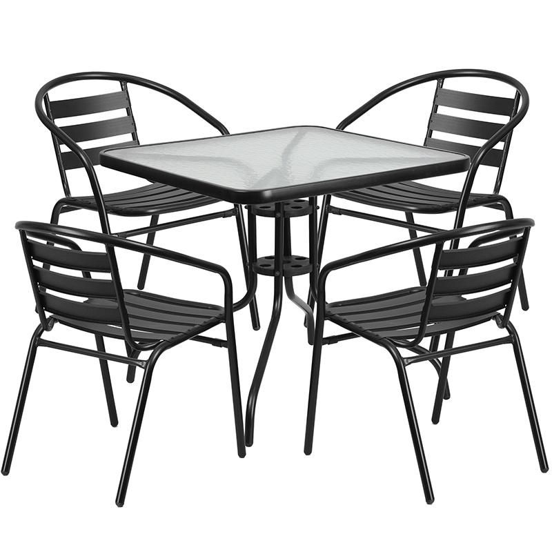 Flash Furniture 31.5” Square Glass Metal Table with 4 Black Metal Aluminum Slat Stack Chairs – TLH-0732SQ-017CBK4-GG Fashion