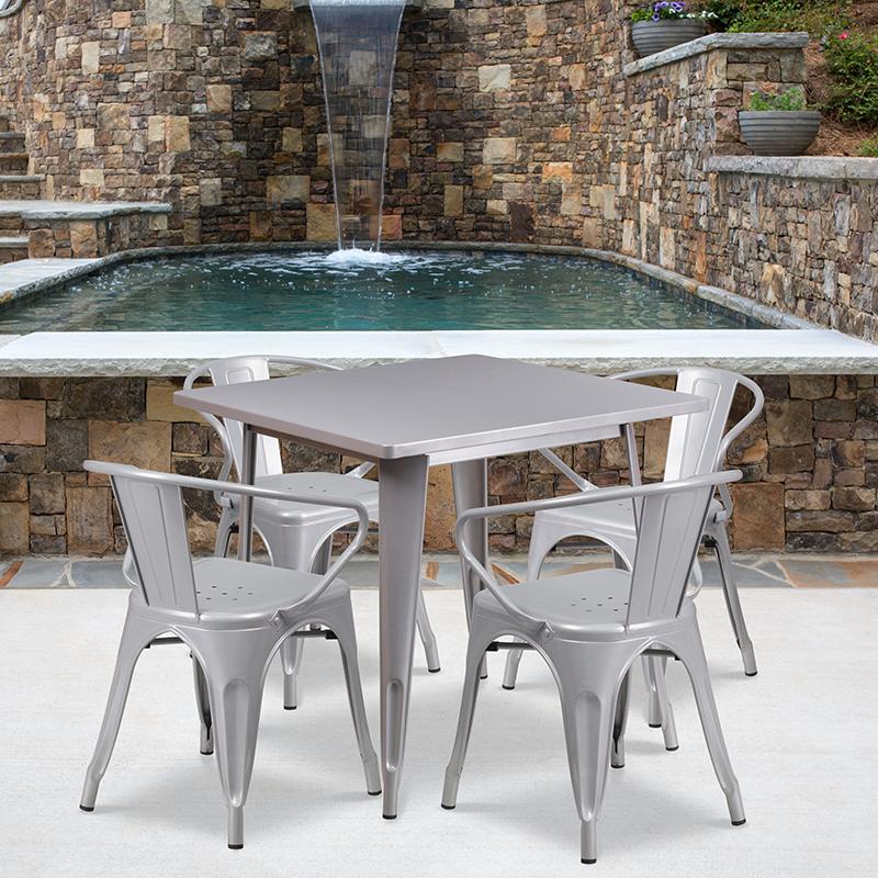 Flash Furniture 31.5” Square Silver Metal Indoor-Outdoor Table Set with 4 Arm Chairs – ET-CT002-4-70-SIL-GG Discount