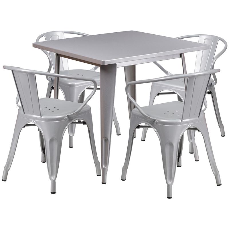 Flash Furniture 31.5” Square Silver Metal Indoor-Outdoor Table Set with 4 Arm Chairs – ET-CT002-4-70-SIL-GG Discount