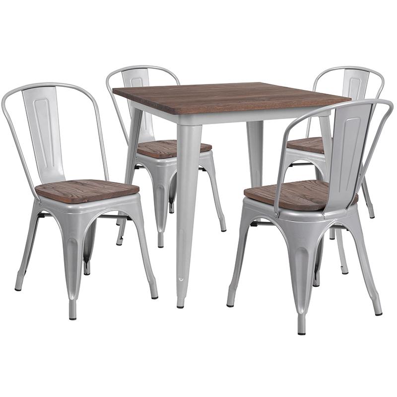 Flash Furniture 31.5″ Square Silver Metal Table Set with Wood Top and 4 Stack Chairs – CH-WD-TBCH-4-GG Discount