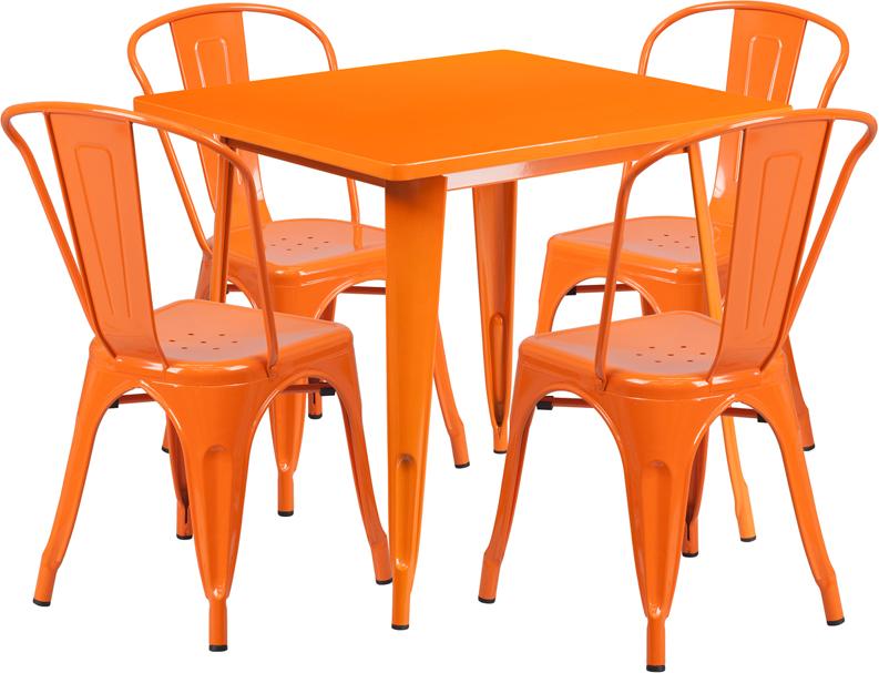 Flash Furniture 31.5” Square Orange Metal Indoor-Outdoor Table Set with 4 Stack Chairs – ET-CT002-4-30-OR-GG Fashion
