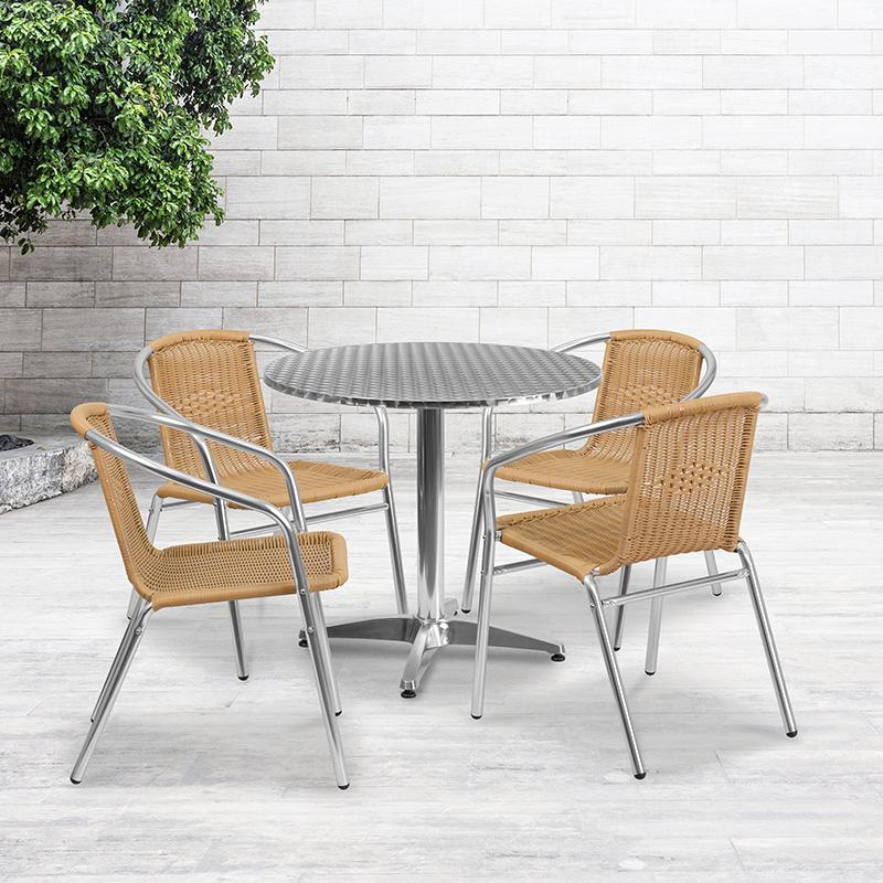 Flash Furniture 31.5” Round Aluminum Indoor-Outdoor Table Set with 4 Beige Rattan Chairs – TLH-ALUM-32RD-020BGECHR4-GG Sale