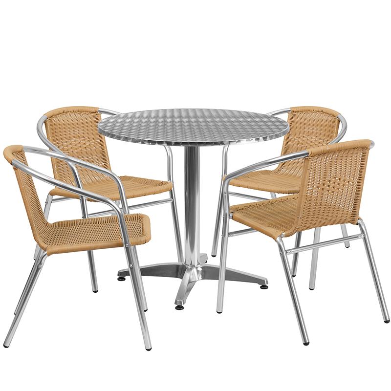Flash Furniture 31.5” Round Aluminum Indoor-Outdoor Table Set with 4 Beige Rattan Chairs – TLH-ALUM-32RD-020BGECHR4-GG Sale