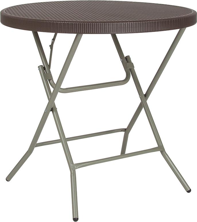Flash Furniture 31.5” Round Brown Rattan Plastic Folding Table – DAD-FT-80R-GG Supply