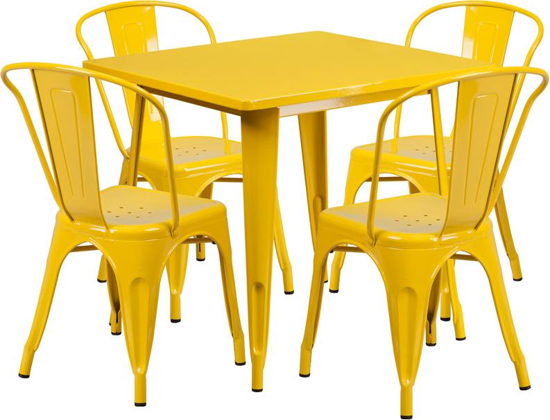 Flash Furniture 31.5” Square Yellow Metal Indoor-Outdoor Table Set with 4 Stack Chairs – ET-CT002-4-30-YL-GG Discount